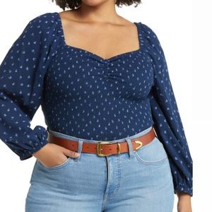 Madewell Blue Floral Smocked Bodice Long Sleeve Lucie Top Cottagecore Shirt